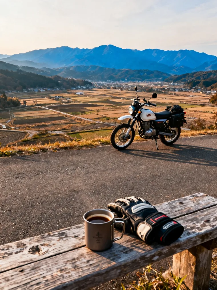 展望所に停めたバイクと、ベンチに置いたコーヒーとグローブ。