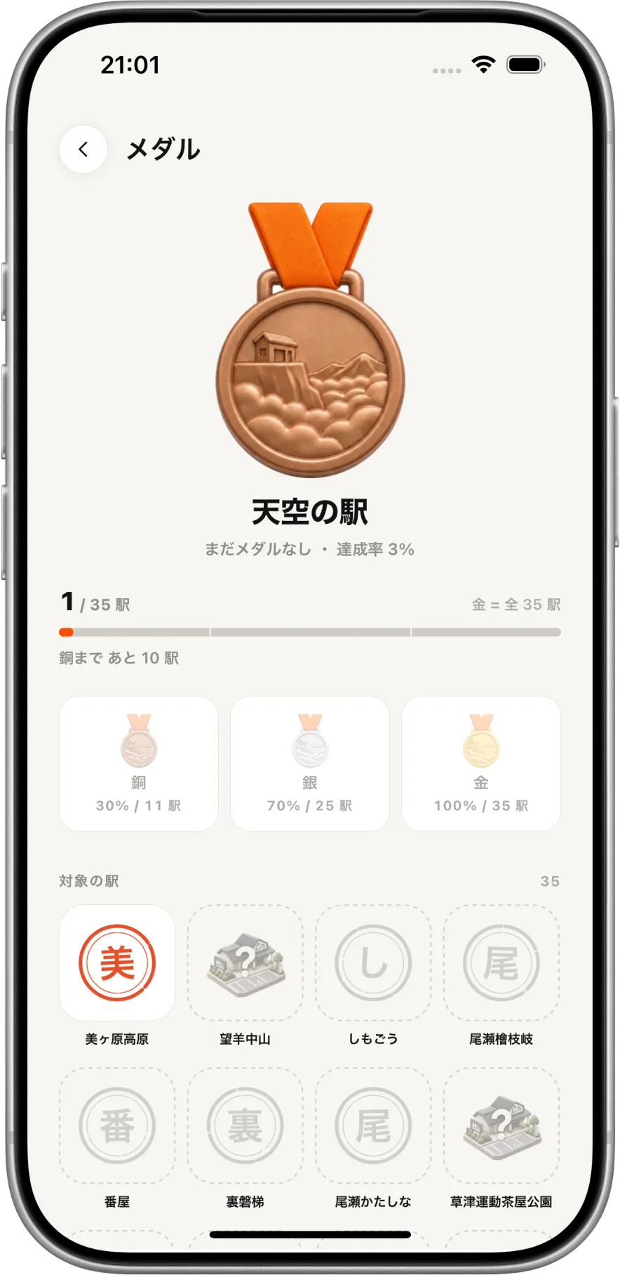 「天空の駅」の銅・銀・金のメダルと、対象の道の駅が並ぶ画面