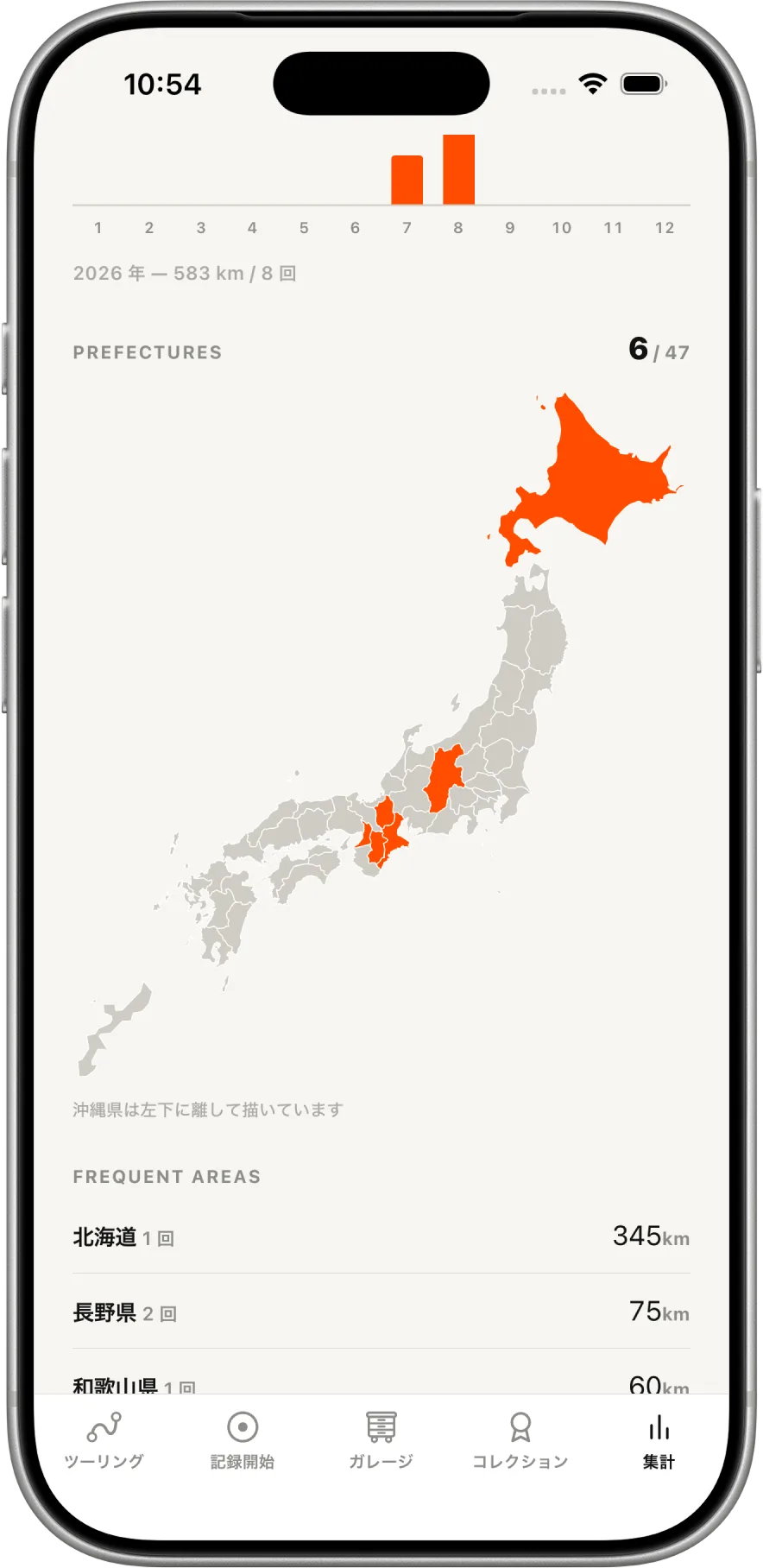 走った都道府県が塗られた日本地図と、よく走るエリアの一覧